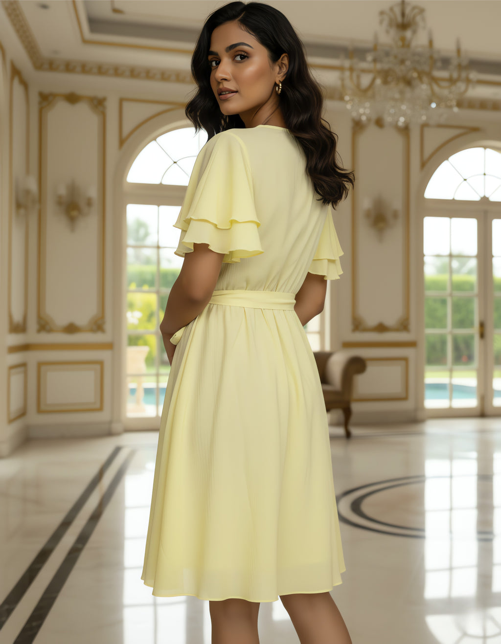 Viigobella Yellow Delta Fabric Wrap Dress with Layered Ruffle Sleeves