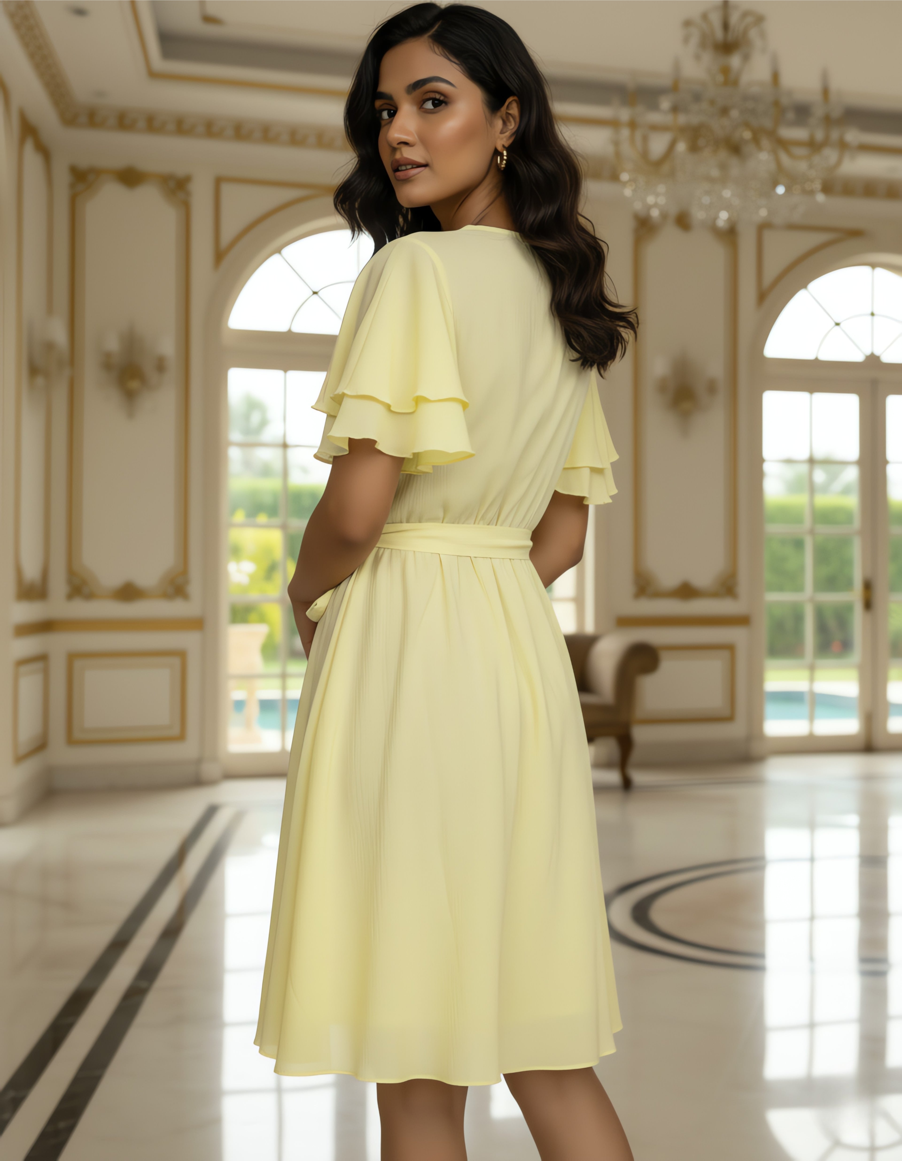 Viigobella Yellow Delta Fabric Wrap Dress with Layered Ruffle Sleeves