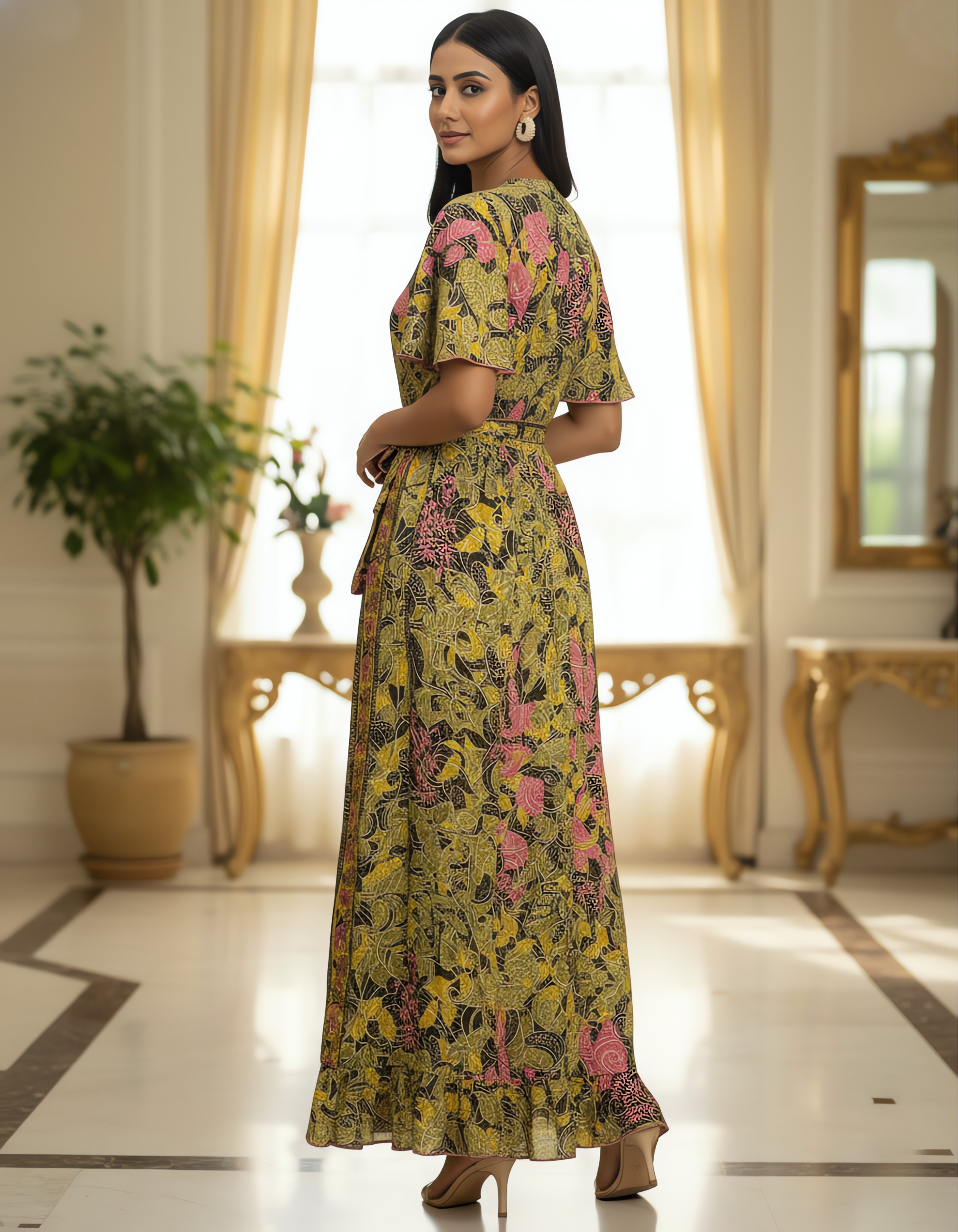 Viigobella Kasturi Silk Yellow Floral Wrap-Style Maxi Dress