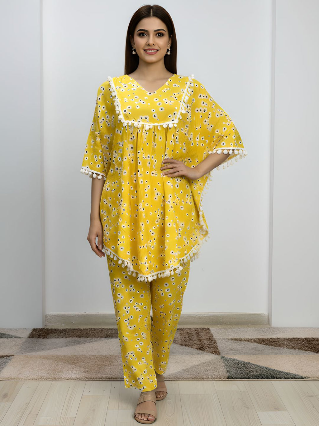 Floral Yellow Kaftan Co-ord Set for Women